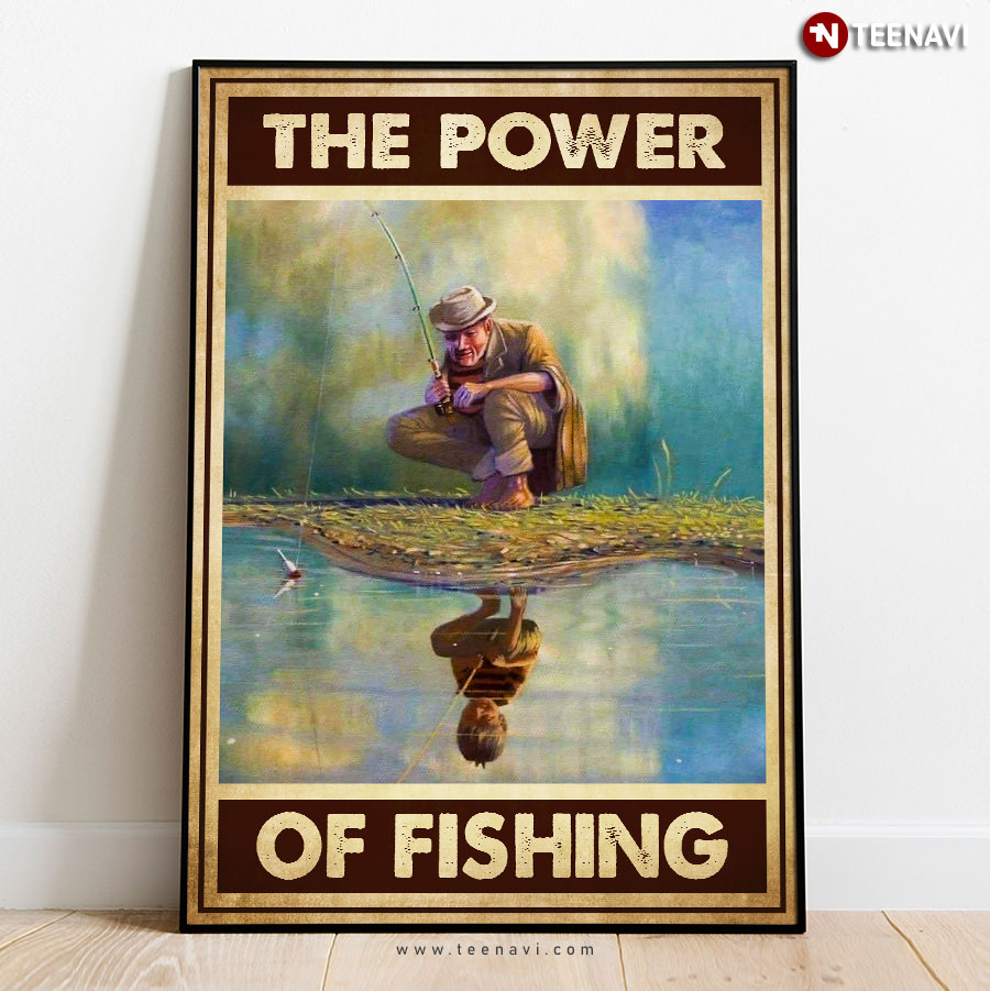 Vintage Old Man & Little Boy Water Reflection Mirror The Power Of Fishing Poster