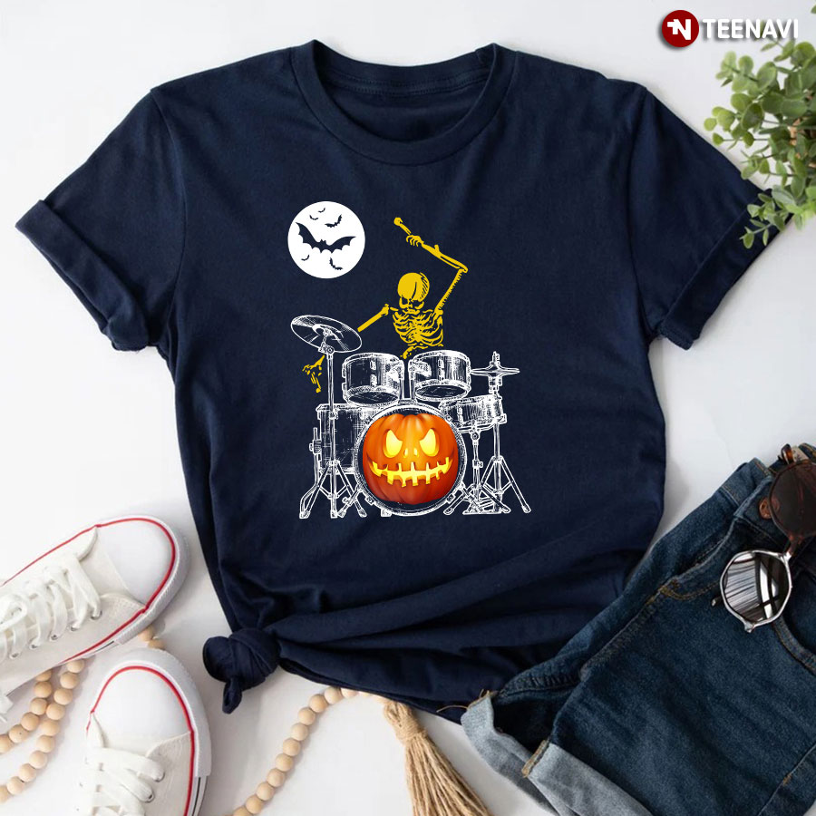 Skeleton Playing Drum Pumpkin Halloween T-Shirt