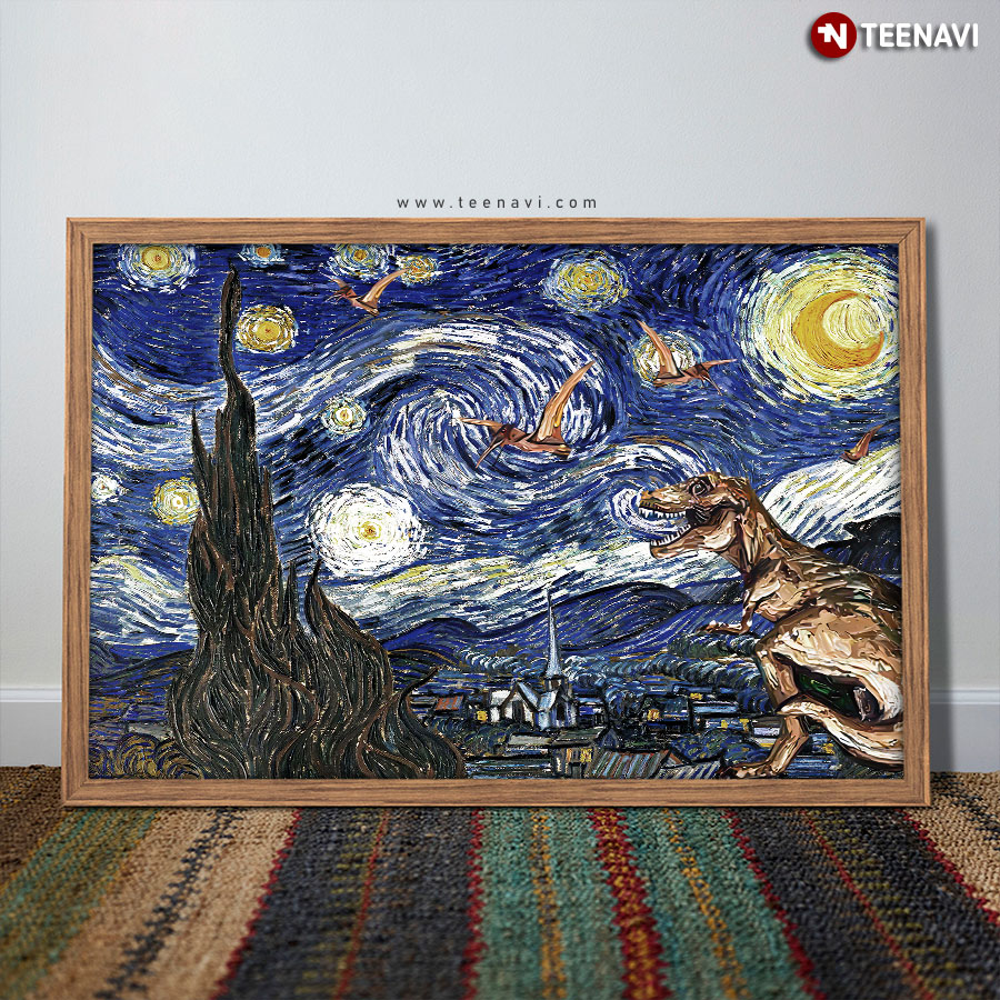 Dinosaurs In The Starry Night Vincent Van Gogh Canvas Poster - TeeNavi