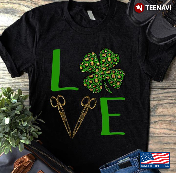 Love In Green Color With Lucky Four Leaf Clover And Scissors