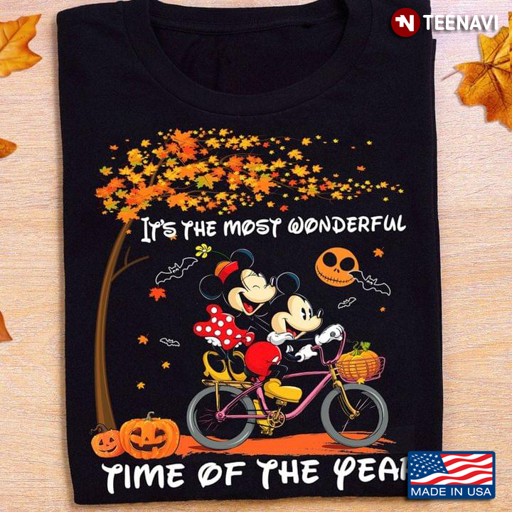 Mickey And Minnie Mouse Riding Bicycle Halloween It's The Most Wonderful Time Of The Year