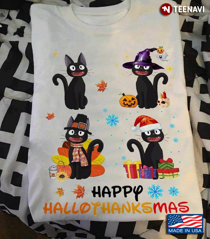 Black Cat Happy Hallothanksmas Halloween Thanksgiving Christmas