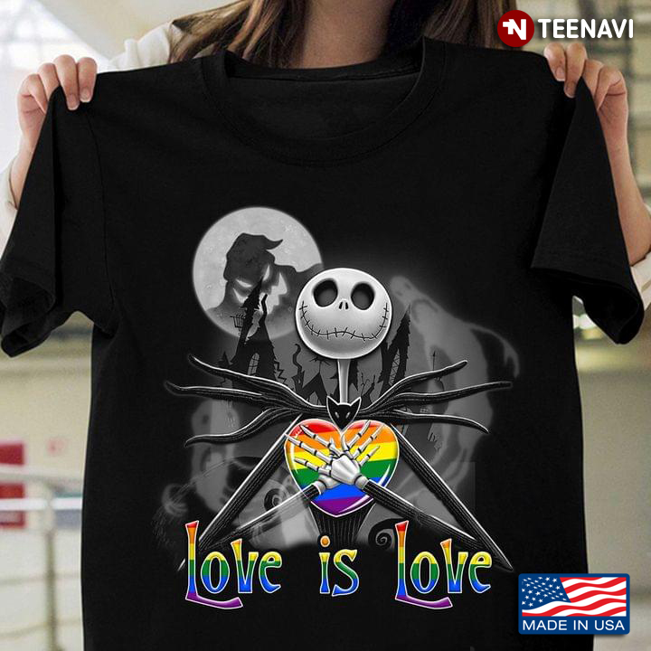 Jack Skellington Hugging Heart Love Is Love LGBT Pride Halloween T-Shirt