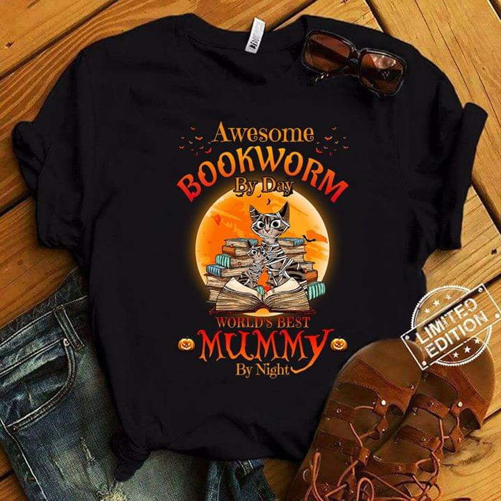Cat With Books Awaesome Bookworm By Day Worlds Best Mummy By Night Halloween