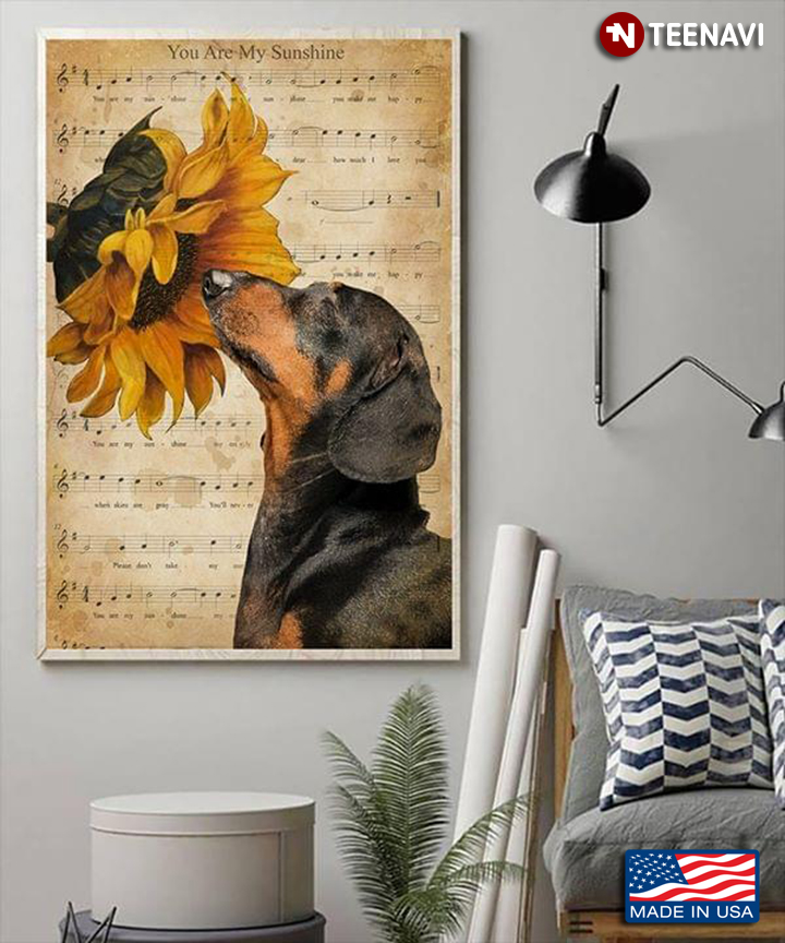 Vintage Sheet Music Theme Dachshund Smelling A Sunflower You Are My Sunshine