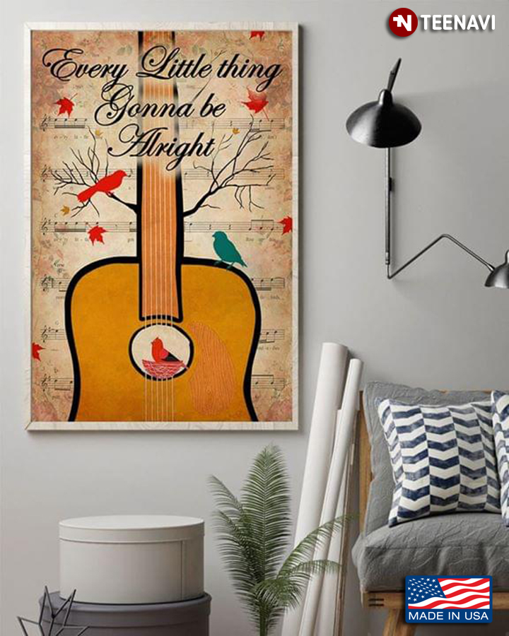 Vintage Sheet Music Theme Birds & Guitar Every Little Thing Gonna Be Alright