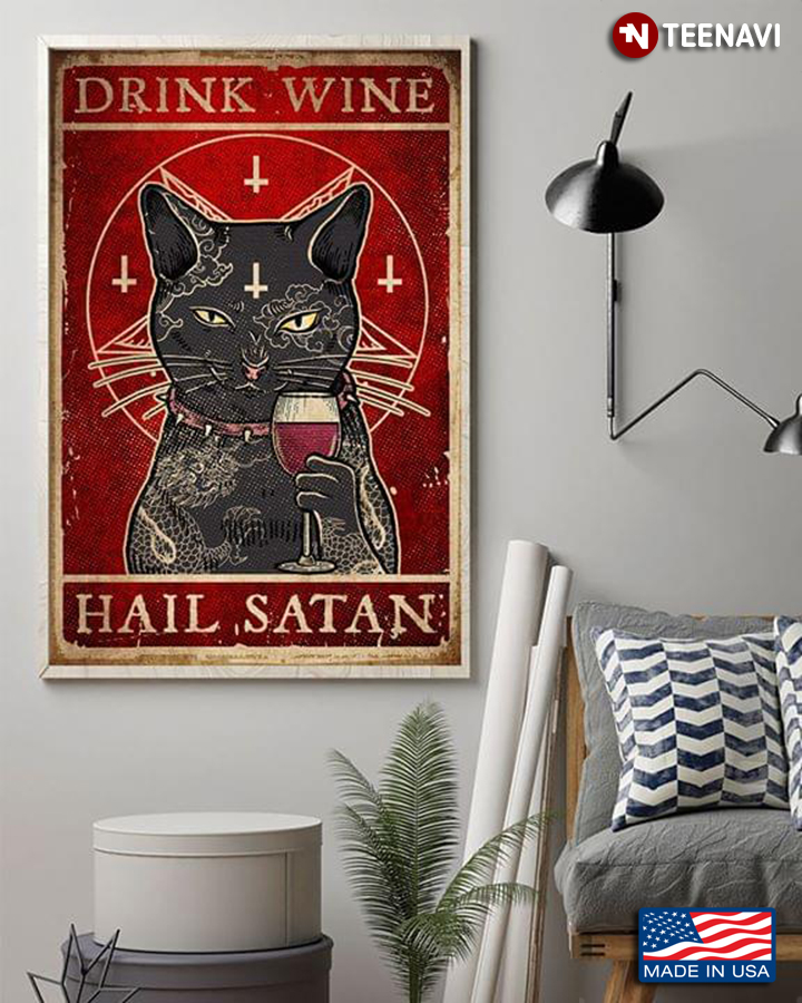 Vintage Black Cat With Tattoos Drinking Red Wine Drink Wine Hail Satan