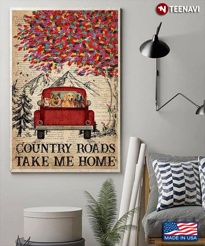 Vintage Dictionary Theme Dogs In A Truck Bed Country Roads Take Me Home