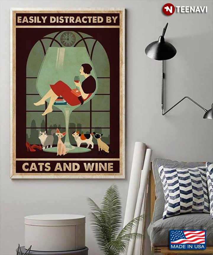 Vintage Girl Sitting Inside Wine Glass Easily Distracted By Cats And Wine