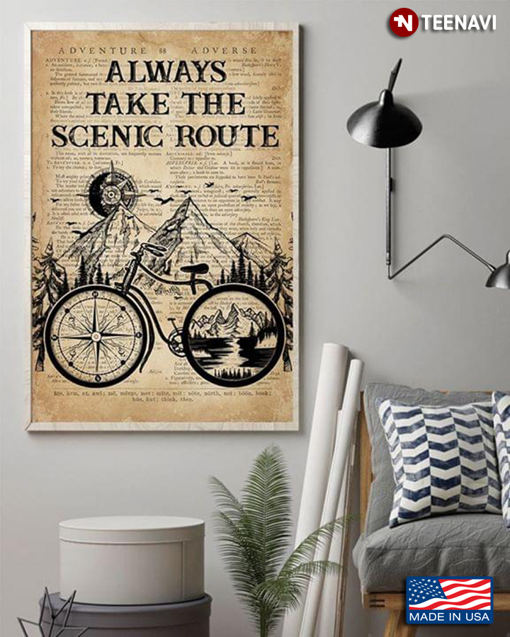 Vintage Dictionary Theme Bicycle & Compass Always Take The Scenic Route