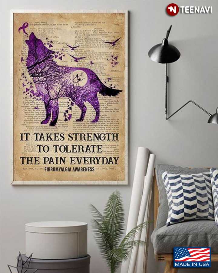 Vintage Dictionary Theme Fibromyalgia Awareness Wolf & Birds It Takes Strength To Tolerate The Pain Everyday