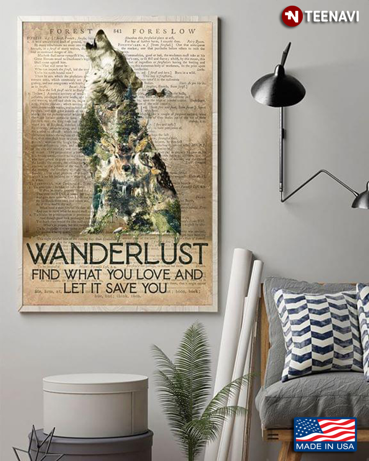 Vintage Dictionary Theme Wolf & Forest Animals Inside Wanderlust Find What You Love And Let It Save You