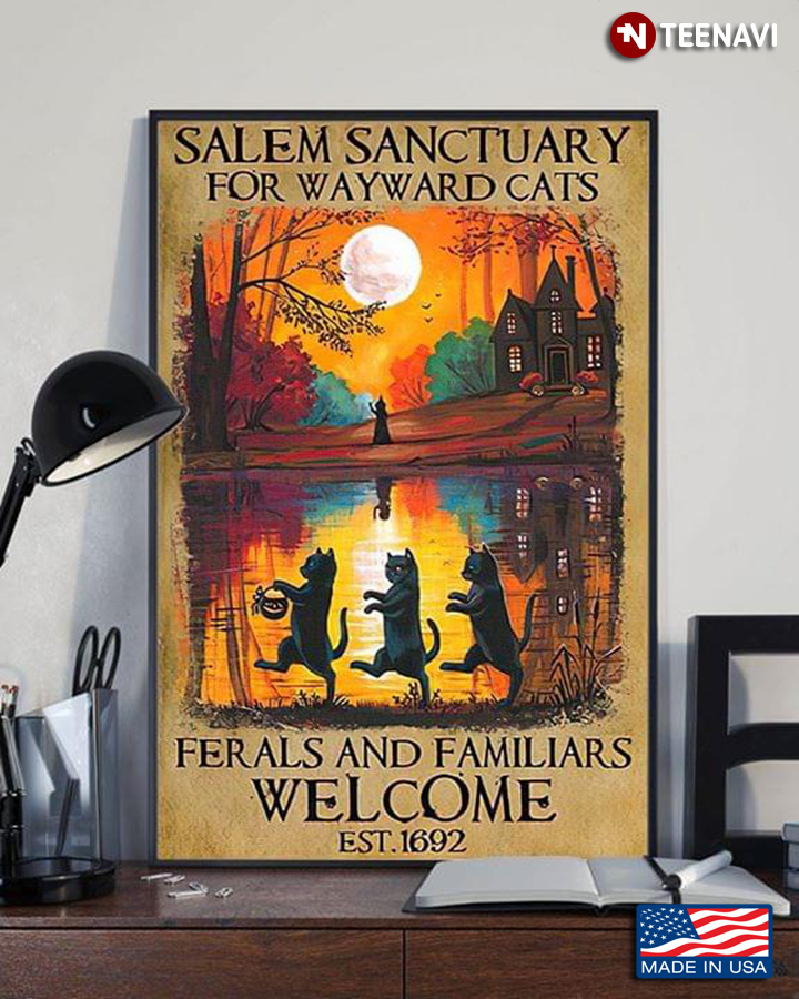 Vintage Three Black Cats Salem Sanctuary For Wayward Cats Ferals And Familiars Welcome Est.1692