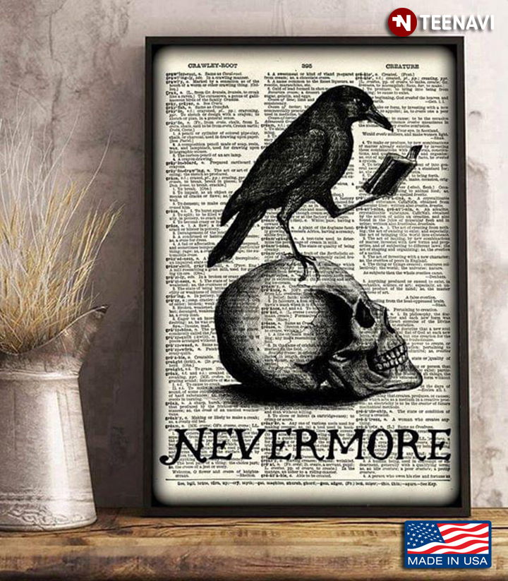 Vintage Dictionary Theme Raven Reading Book & Landing On Skull Never More