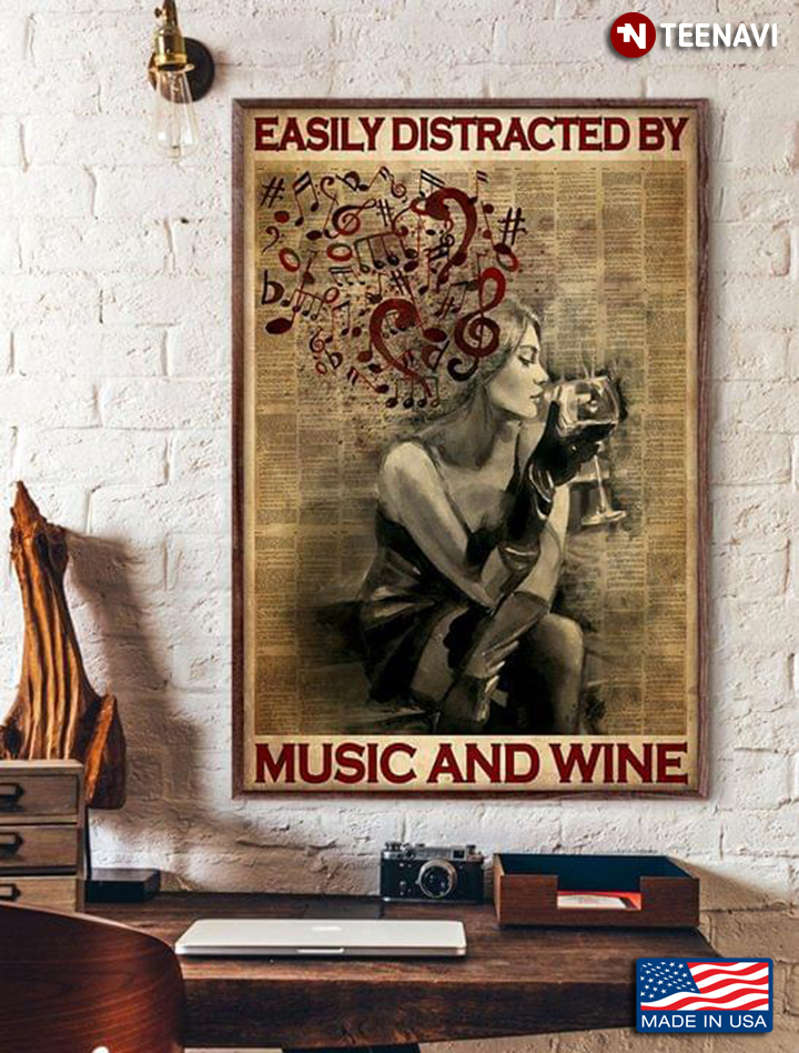 Vintage Newspaper Theme Sexy Girl With Music Tune On Her Head Easily Distracted By Music And Wine