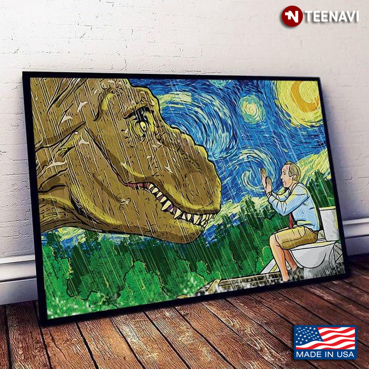 Dinosaur Frightening Man Sitting On Toilet Seat In The Starry Night Vincent Van Gogh