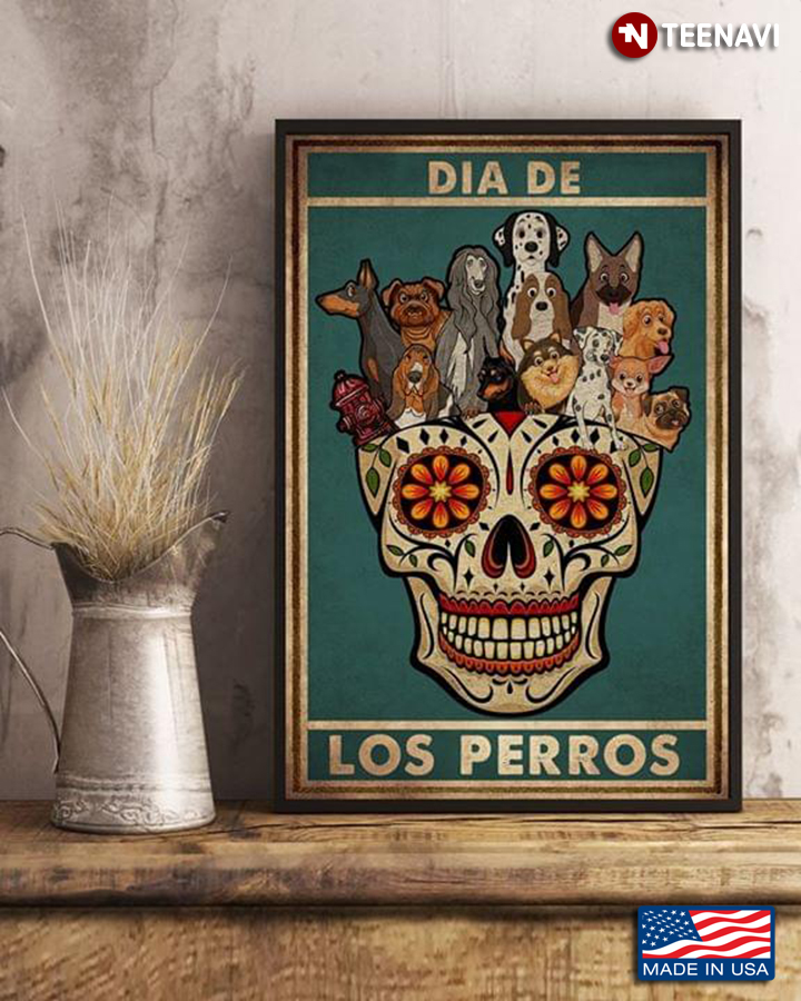 Vintage Floral Skull With Dogs Dia De Los Perros Day Of The Dead Pet