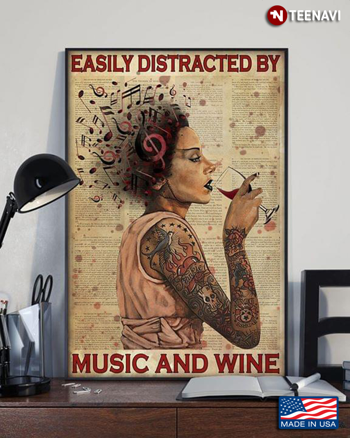 Vintage Newspaper Theme Girl With Tattoos & Music Tune On Her Head Easily Distracted By Music And Wine
