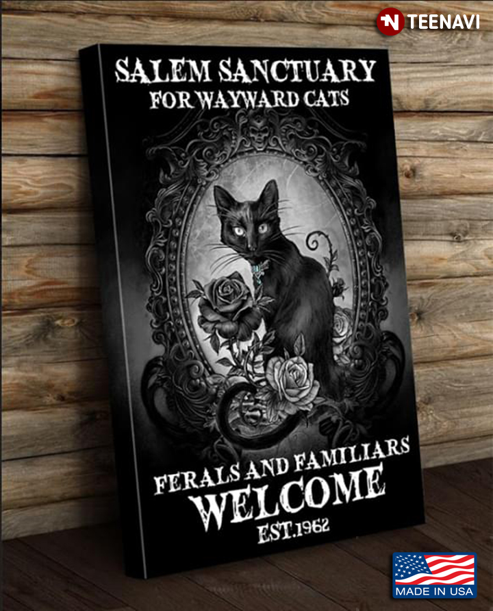 Vintage Black Cat & Roses Salem Sanctuary For Wayward Cats Ferals And Familiars Welcome Est.1692