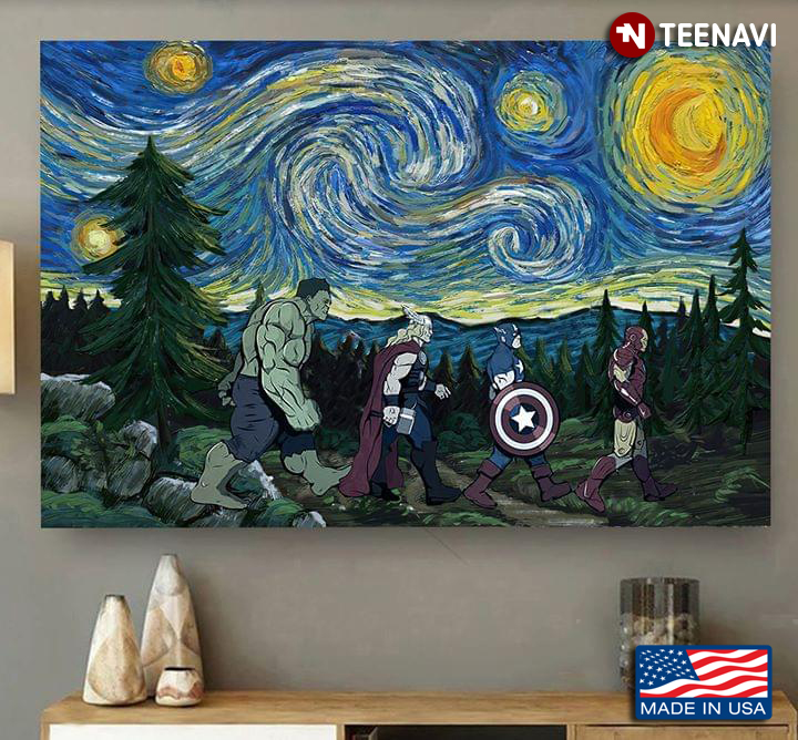 Avengers Iron Man Captain America Thor Hulk In The Starry Night Vincent Van Gogh
