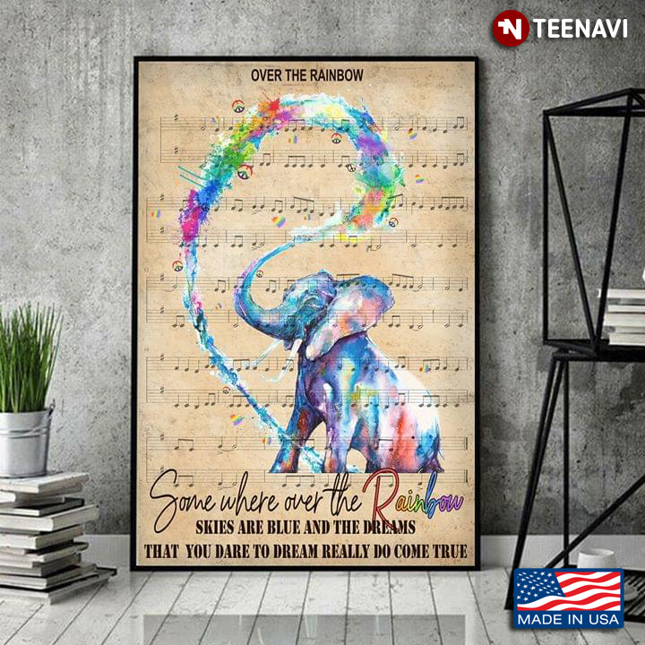 Vintage Sheet Music Theme Watercolor Elephant Spraying Water Somewhere Over The Rainbow Skies Are Blue