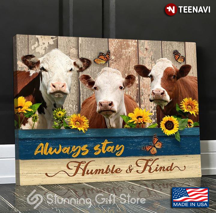 Vintage Three Brown & White Cows With Sunflowers And Butterflies Always Stay Humble & Kind