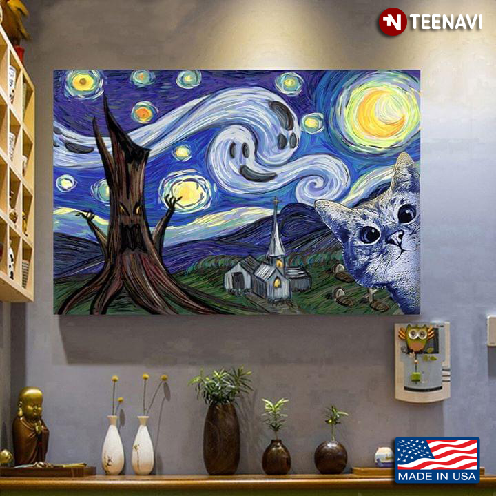 Cat With Halloween Ghosts & Spooky Tree In The Starry Night Vincent Van Gogh