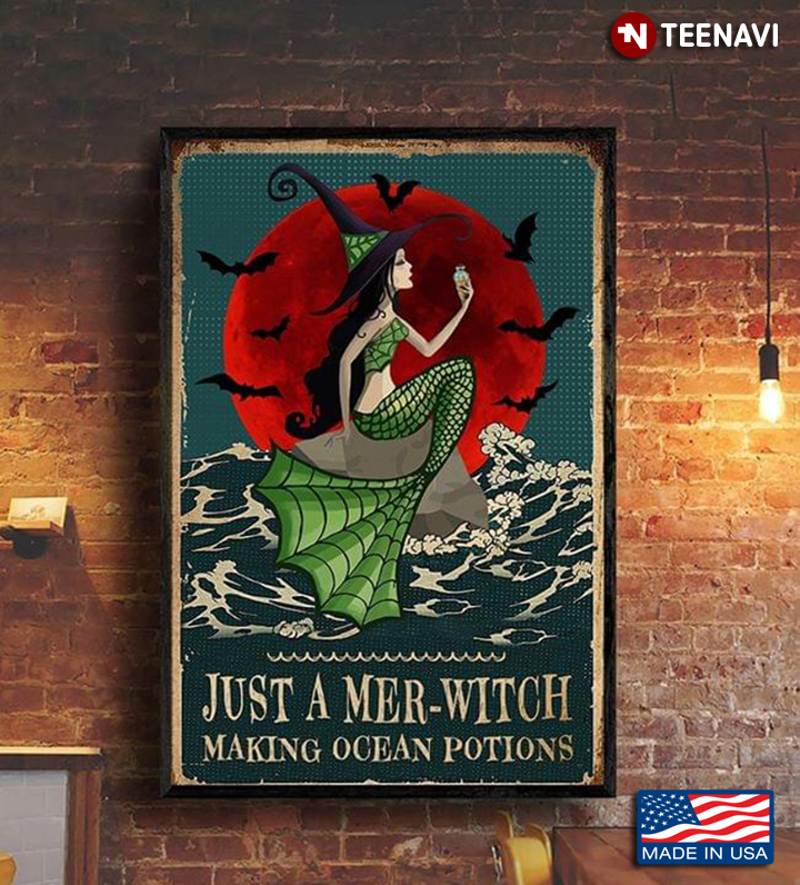 Vintage Green Witch Mermaid & Bats Under Bloody Moon Just A Mer-Witch Making Ocean Potions