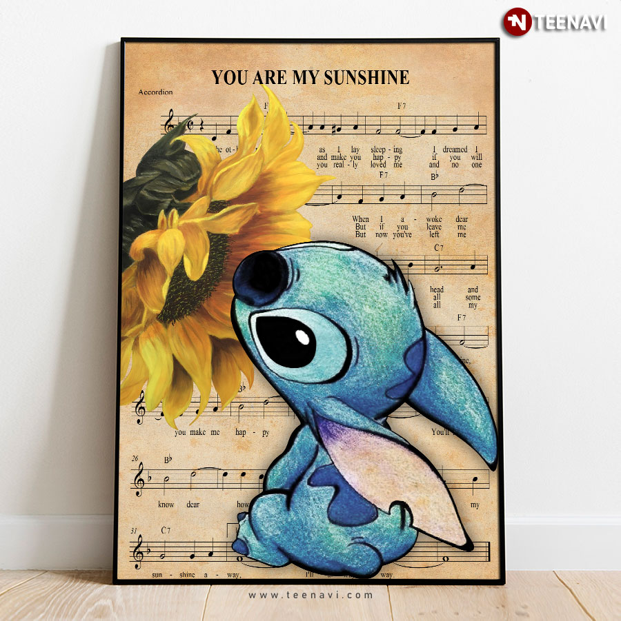 Vintage Sheet Music Theme Disney Lilo & Stitch Stitch Smelling A Sunflower You Are My Sunshine Poster