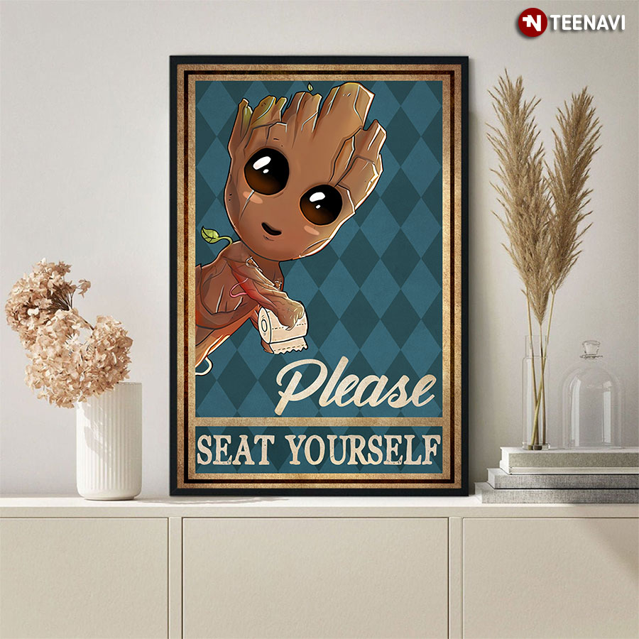 Vintage Baby Groot & Toilet Paper Roll Please Seat Yourself Canvas