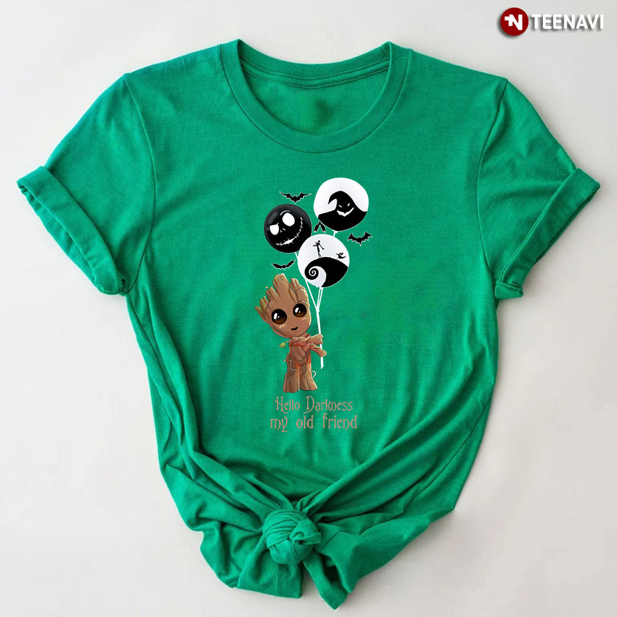 Baby Groot And Jack Skellington Balloon Hello Darkness My Old Friend Halloween T-Shirt
