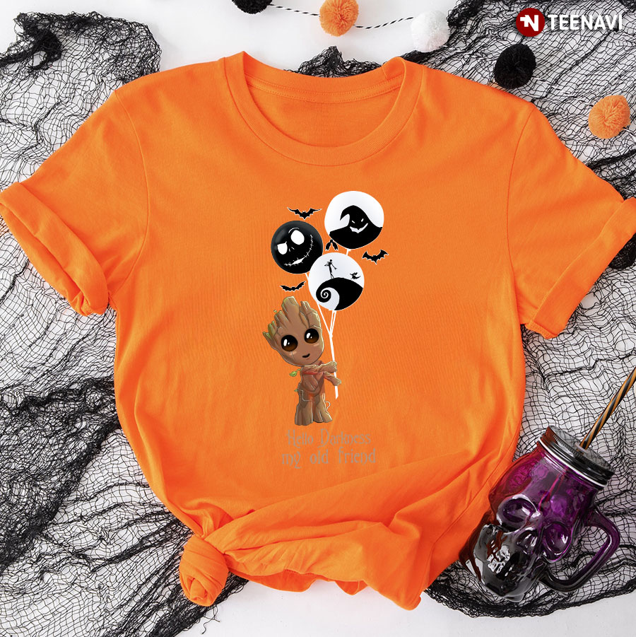 Baby Groot And Jack Skellington Balloon Hello Darkness My Old Friend Halloween T-Shirt