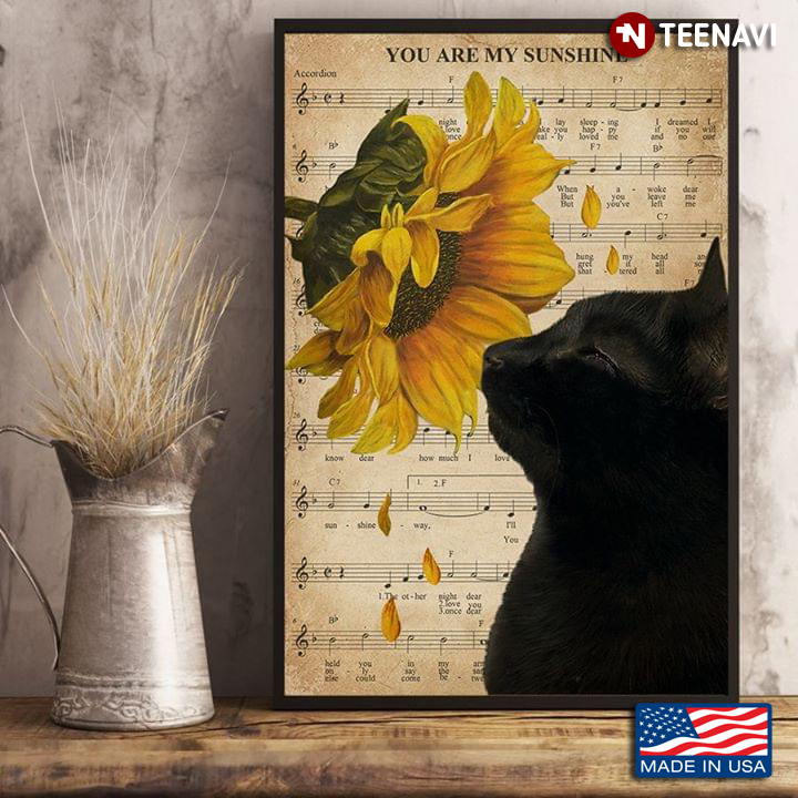 Vintage Sheet Music Theme Adorable Black Cat Smelling A Sunflower You Are My Sunshine