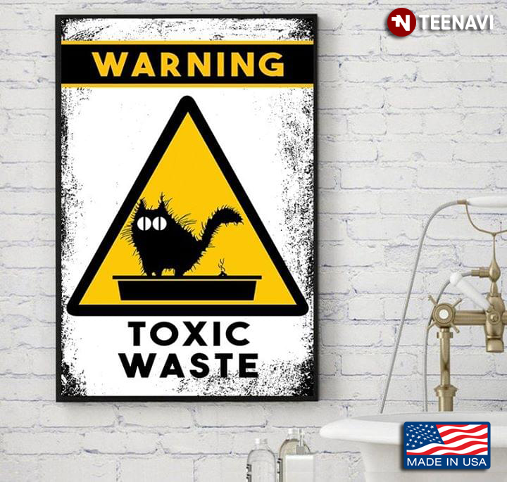 Funny Caution Sign With Black Cat Warning Toxic Waste