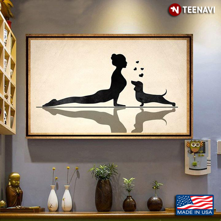 Vintage Silhouette Of Girl Doing Yoga And Dachshund