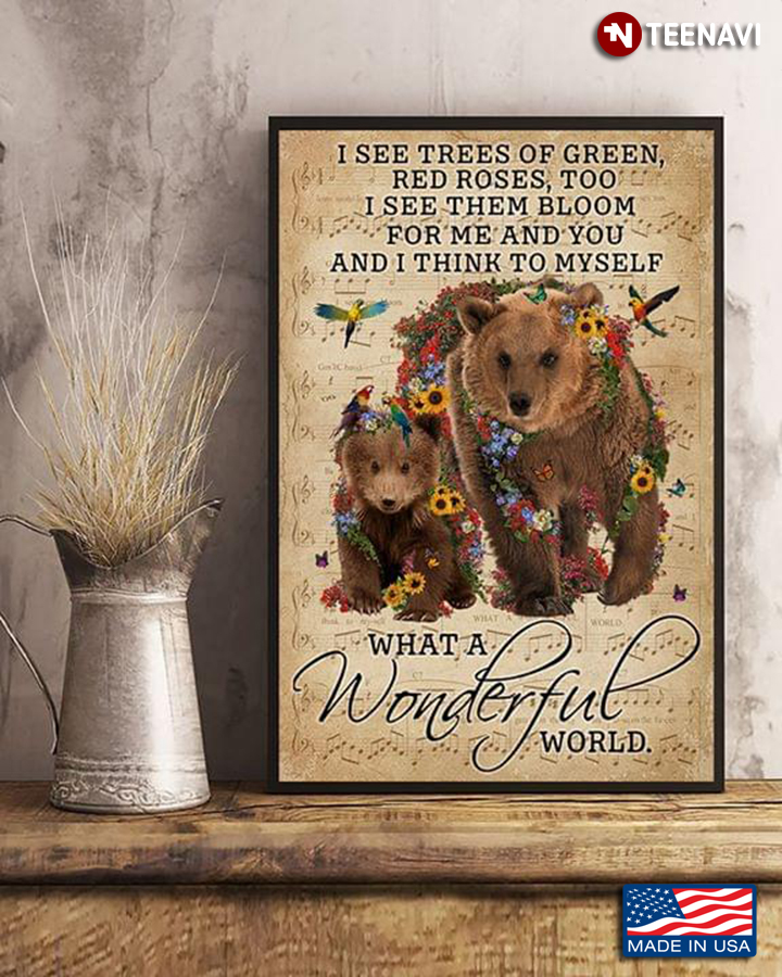 Vintage Sheet Music Theme Floral Bears & Parrots I See Trees Of Green Red Roses Too