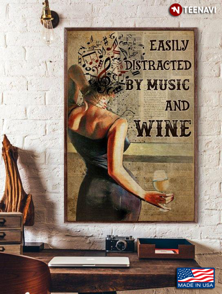 Vintage Girl With Music Tune On Her Head & White Wine Glass On Her Hand Easily Distracted By Music And Wine