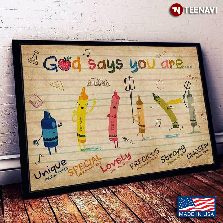 Vintage Crayons Teacher & Student God Says You Are Unique Special Lovely Precious Strong Chosen