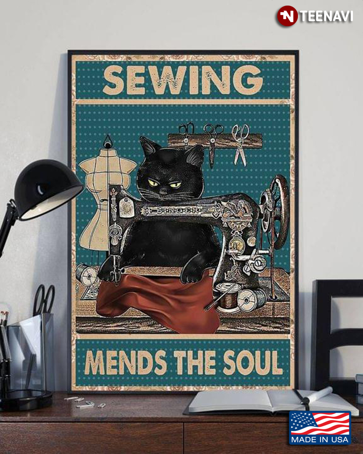 Vintage Black Cat Sewing Mends The Soul