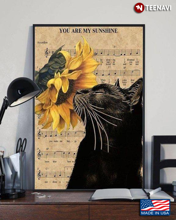New Version Sheet Music Theme Adorable Black Cat Smelling A Sunflower You Are My Sunshine