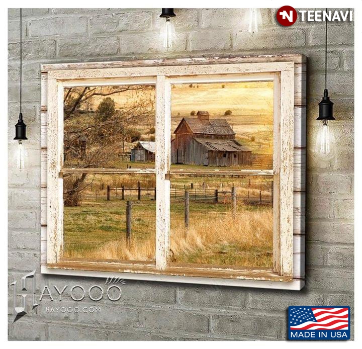 Vintage Window Frame With Farmland View