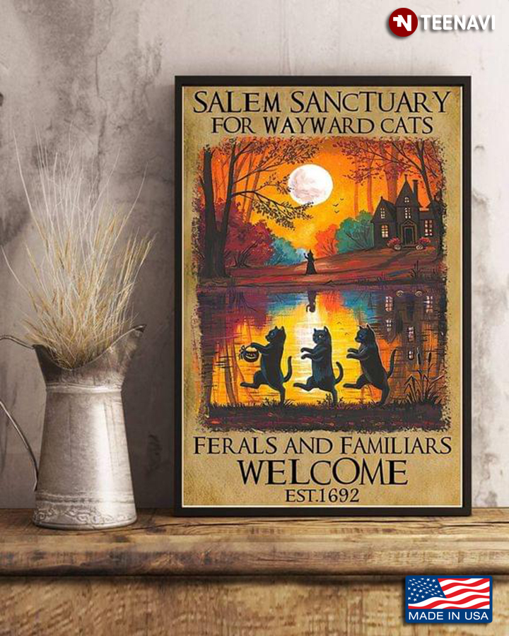 Vintage Three Black Cats On Halloween Salem Sanctuary For Wayward Cats Ferals And Familiars Welcome Est.1692