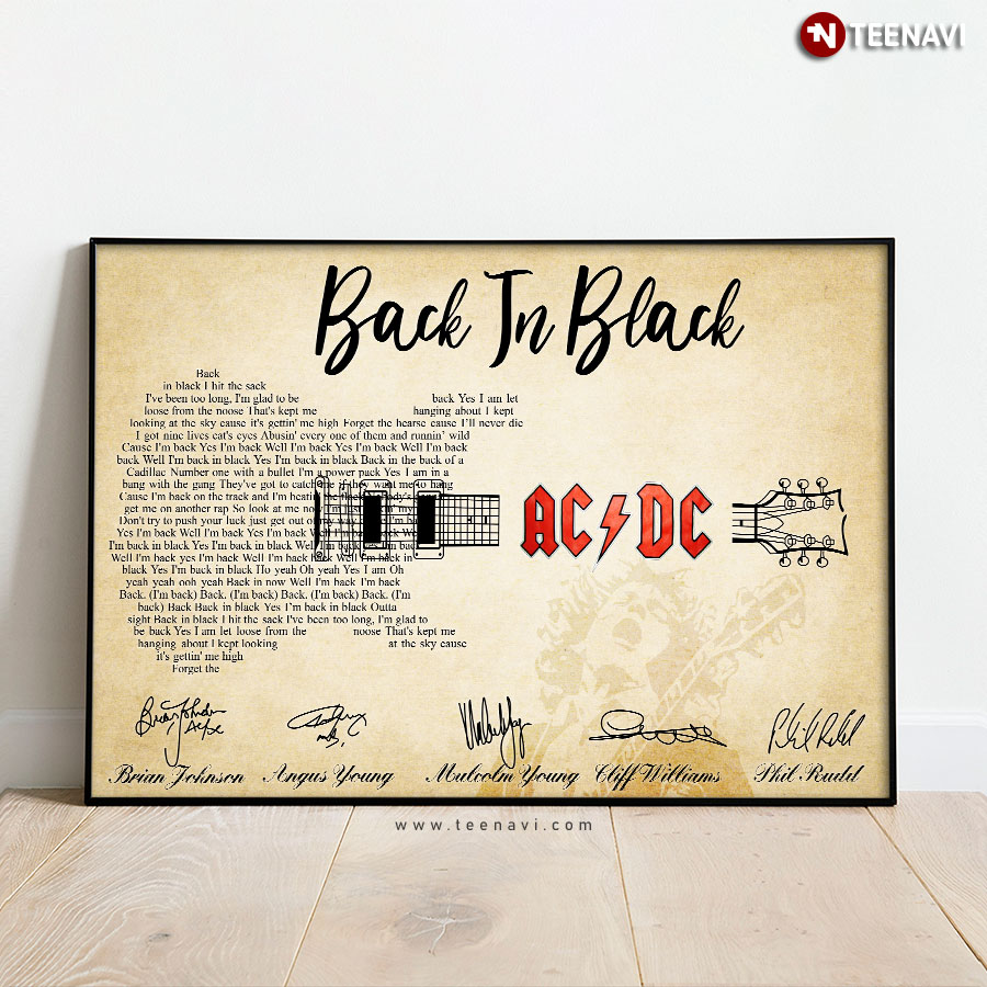 Vintage Back In Black Lyrics With Guitar Typography And AC/DC Autographs Poster