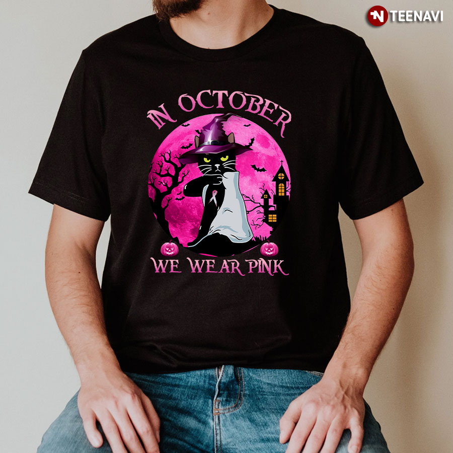 Black Cat Pumpkin In October We Wear Pink Halloween Breast Cancer Awareness T-Shirt