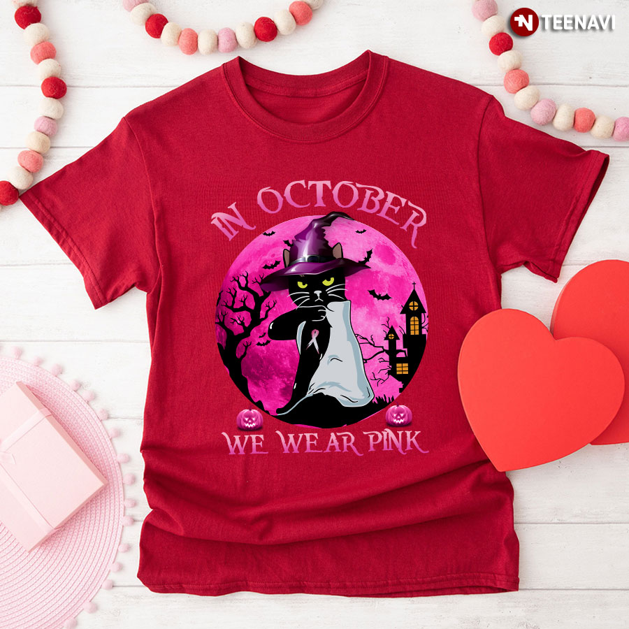 Black Cat Pumpkin In October We Wear Pink Halloween Breast Cancer Awareness T-Shirt