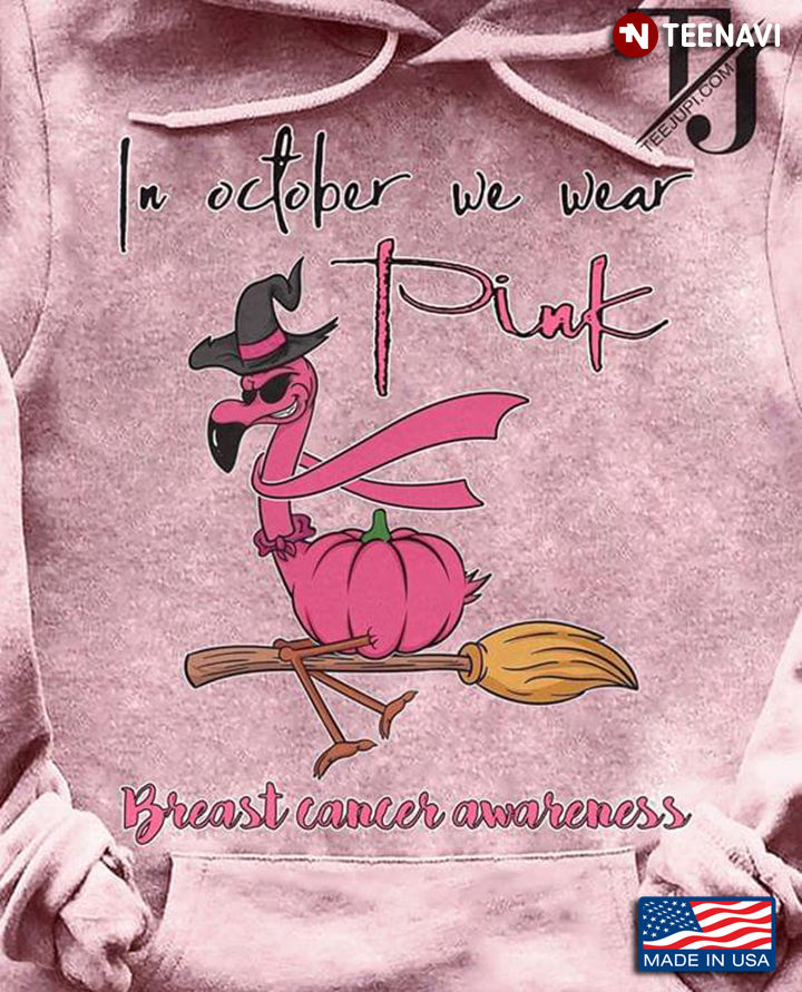 Witch Flamingo Riding Broom  In October We Wear Pink  Breast Cancer Awareness