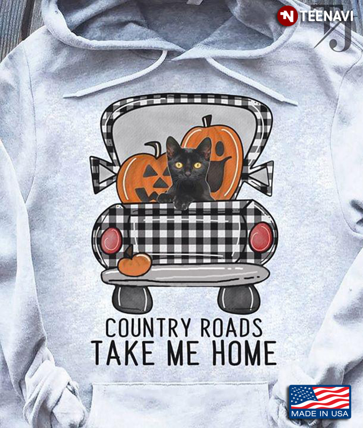 Cat With Pumpkin On Car Country Roads Take Me Home Halloween