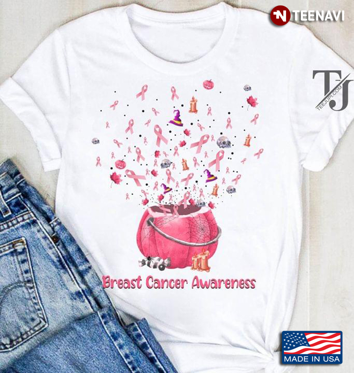 Pumpkin Spreading Halloween Mascot Breast Cancer Awareness