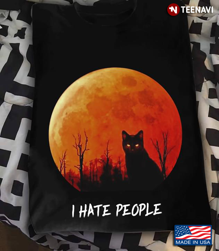 Black Cat With Full Moon I Hate People Halloween