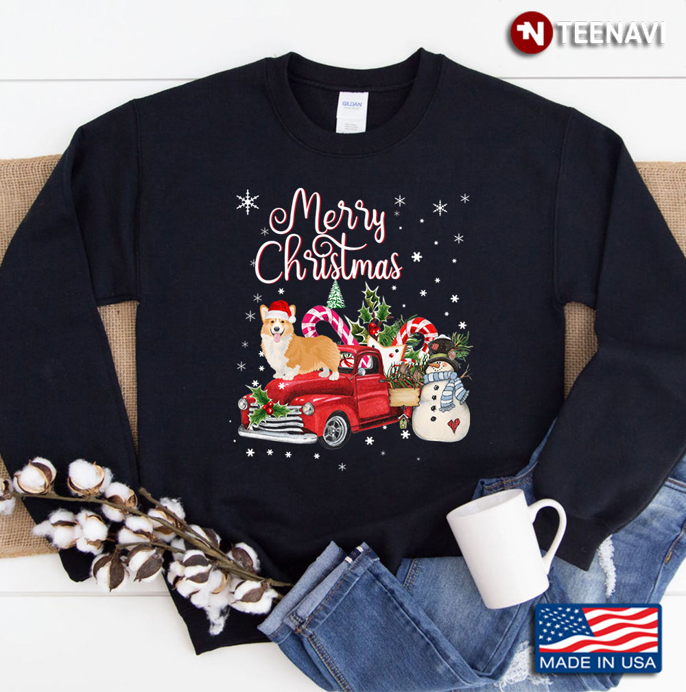 Funny Christmas Corgi Dog Ride Red Truck Xmas Santa Hat Sweatshirt